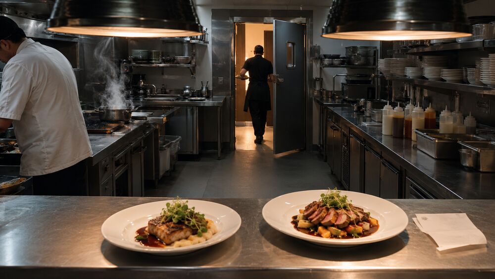 View from inside a working restaurant kitchen toward the swing door at the far end of the line; two plated dishes rest under heat lamps on the stainless pass, and a server's back disappears through the partly open door.
