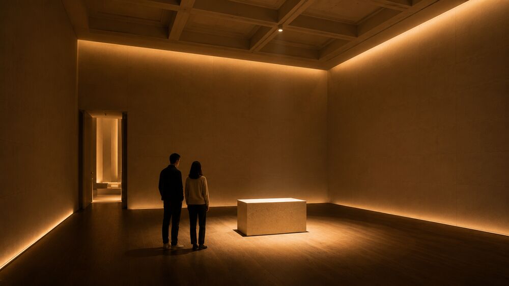 A taller stone-and-wood hall at evening with a low ambient bed and a warm focal pool falling on a single low display plinth at center, two anonymous guests standing at its edge.