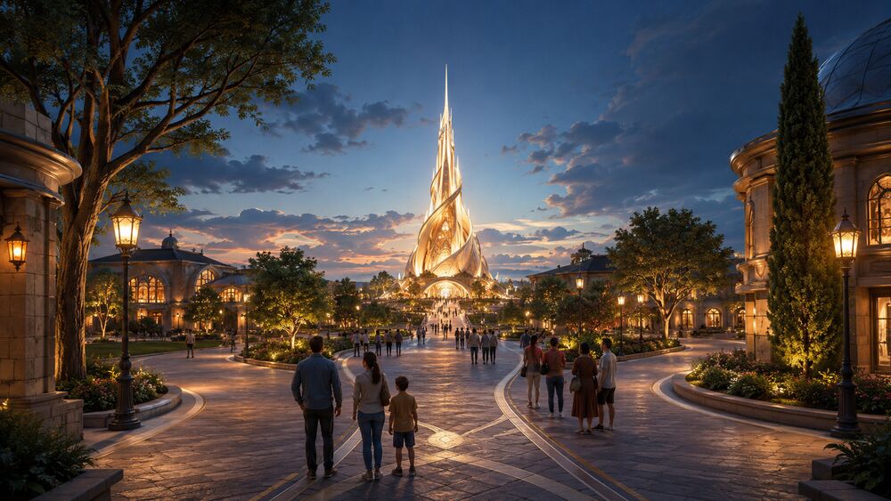 Twilight theme-park plaza curving toward a tall illuminated spire at the head of a cobblestone street, with small groups of guests walking toward it.