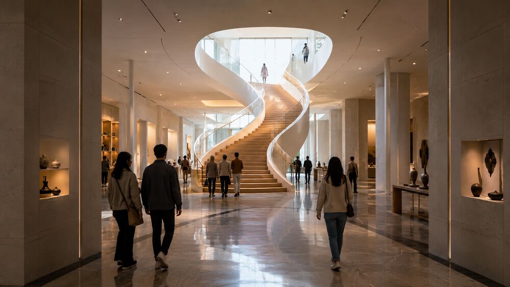 Interior gallery with marble floors and side display cases, centered on a sculptural white double-helix staircase rising to an upper floor through a circular oculus.